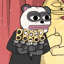 a cartoon panda bear is holding a stack of bbbb trophies