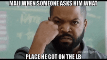 ice cube is making a funny face while holding his fist to his forehead .