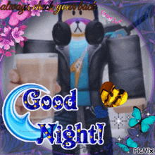 a picture of a teddy bear holding a cup of coffee with the words " good night " on it