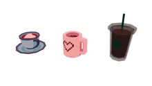 a cup of coffee with a heart on it sits next to a cup of iced coffee and a cup of starbucks coffee