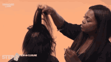 a woman is cutting another woman 's hair with the words step 2 sew-in closure behind her
