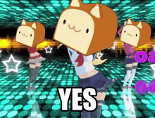 a cartoon girl with a box on her head is dancing on a dance floor and the word yes is on the bottom