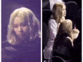a woman with blonde hair is sitting next to another woman in a dark room .