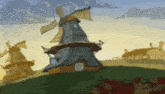 a cartoon drawing of a windmill on top of a hill .