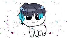 a drawing of a girl with a ponytail and blue hair is surrounded by confetti