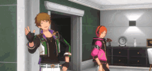 two anime characters are standing in a room with a green wall