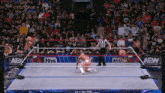 a wrestler is kneeling down in the middle of a wrestling ring with a aew logo in the background