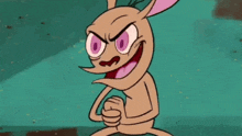 a cartoon kangaroo with pink eyes is making a funny face .