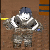 a roblox character in a military uniform is standing in a room with a cross in the background .