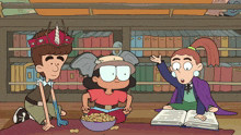 a group of cartoon characters are sitting in front of a bookshelf and one of them is wearing a crown