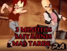 a cartoon of a man and a woman dancing with the words 3 minutos saiyajines mas tarde pa