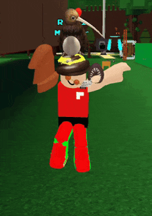 a cartoon character with a kiwi on his head in front of a sign that says roblox