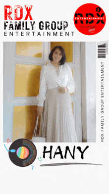 an ad for rdx family group entertainment shows a woman standing in front of a door