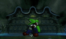 a cartoon character with a green hat is standing in front of a building with a lot of windows