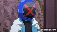 a person with a blue helmet with an x on it