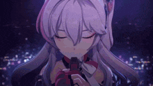 a girl with purple hair is holding a microphone
