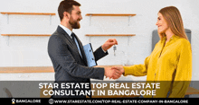 a man giving a woman a set of keys with the words star estate top real estate consultant in bangalore on the bottom