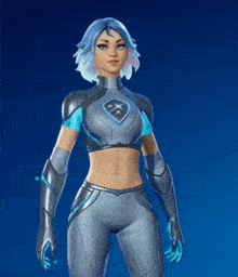 a woman with blue hair is wearing a futuristic outfit with a shield on her chest
