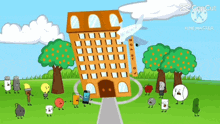 a group of cartoon characters are standing in front of a building that says hotel on it