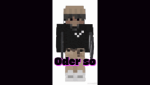 a minecraft character is holding a knife and wearing a black hoodie .