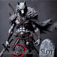 a statue of a werewolf holding a sword next to a slot logo