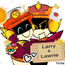 a couple of cartoon characters holding a ticket that says larry lawrie