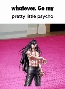 a man with long black hair is standing on a pink rug