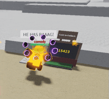 a video game character says he has baaag in front of a cash to collect sign