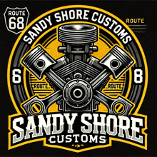 a logo for sandy shore customs shows a motorcycle engine with pistons crossed