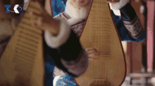 a person playing a stringed instrument with the letter t in the background