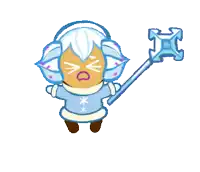 a cookie with white hair and a blue outfit is holding a stick