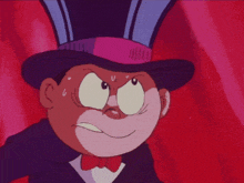 a cartoon character wearing a top hat and bow tie is pointing