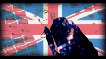 a person standing in front of a british flag with the word hermes on it