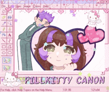 a drawing of a girl with purple hair and a hello kitty on the bottom