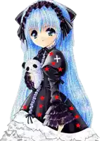 a girl with blue hair is wearing a black dress and holding a panda bear