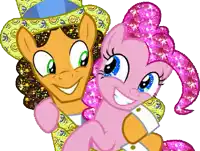 a cartoon of a man holding a pink pony in his arms