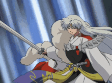a cartoon character with long white hair is holding a sword in his hand