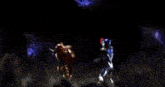 two robots are fighting each other in a dark room in a video game .