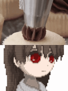 a pixel art of a girl with red eyes and a cupcake with chocolate frosting on top