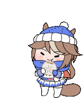 a cartoon drawing of a girl wearing a hat and scarf holding a sandwich .