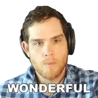 a man wearing headphones with the word wonderful written on his face