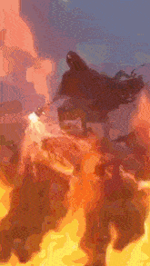 a painting of a person standing in front of a fire