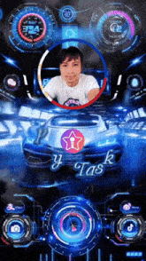 a picture of a man in front of a car that says ' y task ' on it