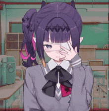 a girl with purple hair is covering her eye in a classroom