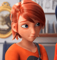 a cartoon girl with red hair and blue eyes is wearing an orange shirt