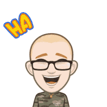 a cartoon of a man wearing glasses and a shirt that says ' ha ha ha '