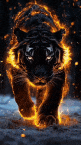 a black tiger is surrounded by flames and looks like it is on fire