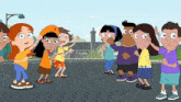 a group of cartoon characters are standing in a line