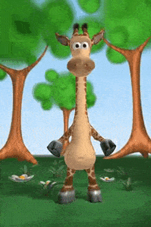a cartoon giraffe is standing in a grassy field with trees in the background