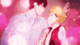 a couple of anime characters are standing next to each other with a pink background